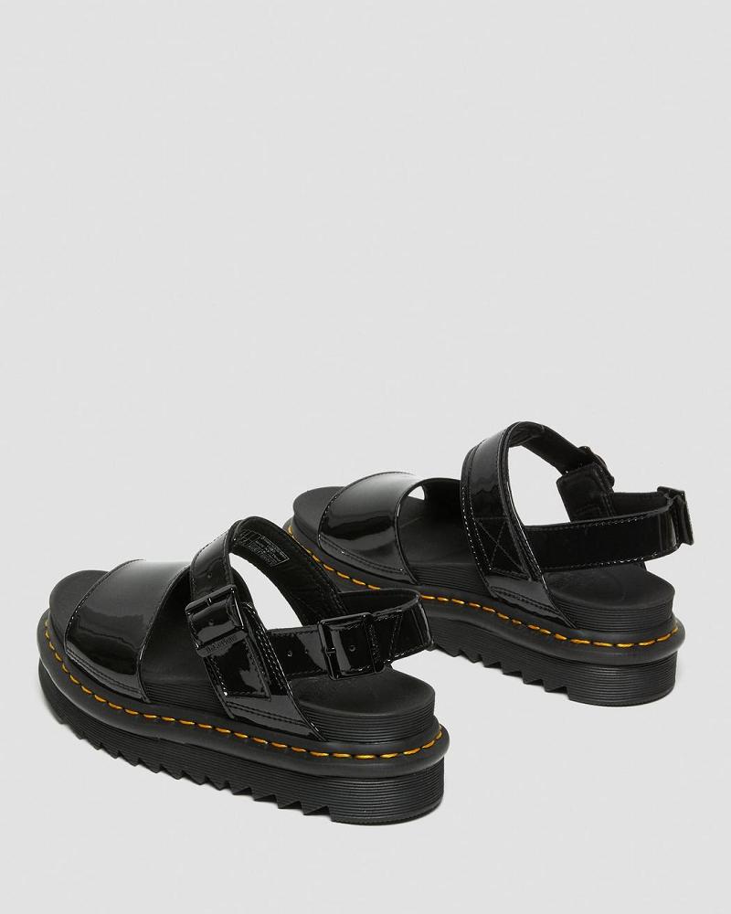 Dr Martens Voss Lak Læder Sandaler Med Rem Dame Sort | DK 330XYU